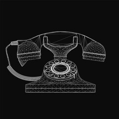 Poster - An old wired telephone sits on a black background, featuring a wireframe overlay of the device in the center. The vintage design highlights rotary dial and coiled cord details.