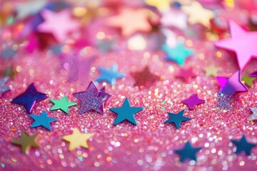 Aufkleber - Brightly colored bokeh lights and sparkling stars create a shimmering backdrop on a soft pink surface, Colorful bokeh and sparkling stars over pink background