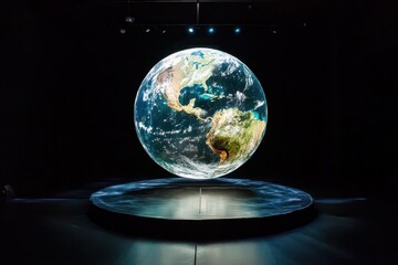 Poster - Futuristic globe display showcases Earth in a captivating performance setting with vibrant visuals, earth globe in a futuristic performance