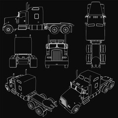 Poster - Four detailed semi trucks with unique designs stand out against a black background. The white outlines create a striking contrast, emphasizing each truck's distinct features.