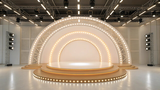 Elegant Stage Design Modern Archway with Warm Lighting for Presentations, Performances, and Events