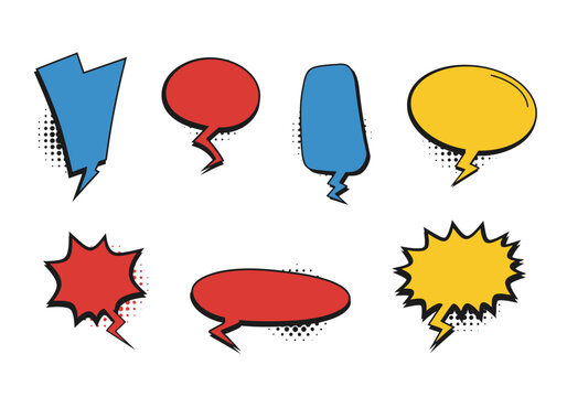 Colorful Comic Book Speech Bubbles with Black Outlines and Halftone Effects.