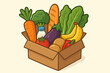 © Pat - Cardboard box full of fresh groceries, produce, fruit and vegetables. Healthy food delivery, grocery shopping or food donation concept. Vector cartoon illustration of organic food.