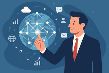  - Businessman touching global network and data exchange. Concept of big data analytics, digital transformation, worldwide business connection and modern internet technology. Flat illustration.