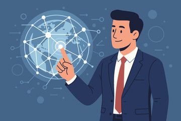  - Businessman touching global network. Data exchange and communication technology concept. International business strategy, innovation and future growth. Digital transformation metaphor.