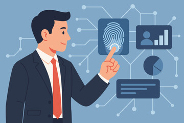Aufkleber - Businessman touching fingerprint scanner on digital screen for biometric authentication. Secure access to business data network. Cybersecurity, identity verification and technology concept.