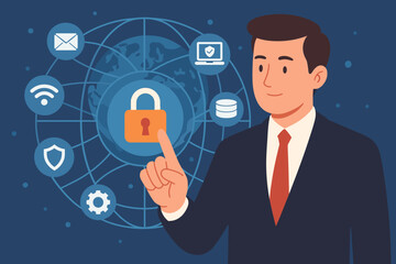 Aufkleber - Cybersecurity concept with a businessman managing global network security. Data protection metaphor with icons. Information privacy, internet safety, and personal data encryption.