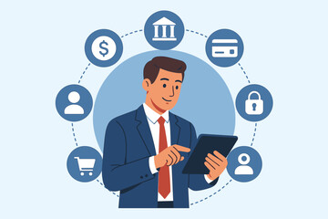 Aufkleber - Businessman with tablet managing fintech services, online banking, payments, and digital marketing. Finance technology concept with customer network, shopping, and security icons.