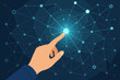 © Pat - Human hand touching glowing digital network node. Futuristic technology, internet connection, and innovation concept. Global communication, big data, AI, and cybersecurity metaphor.