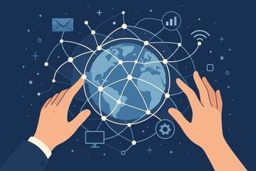  - Hands touching a global network of digital connections and data exchanges. Modern technology, internet communication, big data, business, and worldwide information concept. Vector.