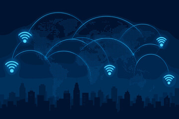 Poster - Global telecommunication network with wireless connection over a smart city skyline. Abstract internet technology and cyber security concept. World map with futuristic WiFi signals.