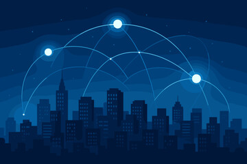 Aufkleber - Abstract global telecommunication network connection. Wireless communication, cyber technology, and internet network modernization. Smart city with data exchange on cityscape background.