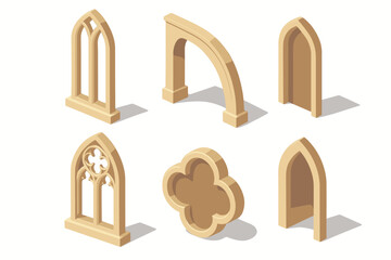 Isometric gothic arches and windows collection vector icon isolated illustration