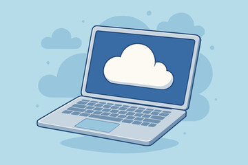 Aufkleber - Cloud computing technology concept. Laptop computer with cloud icon on screen. Modern flat vector for online data storage, digital information backup, network server, and web hosting.