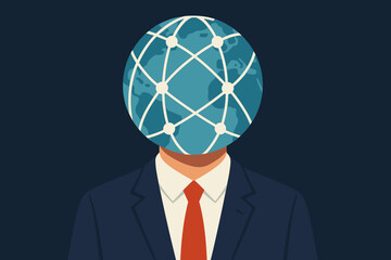 Aufkleber - Global business concept illustration. Businessman with a world globe instead of a head. Metaphor for globalization, international networking, corporate mindset and communication.