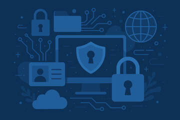Aufkleber - Cyber security concept with computer, lock, and shield icon. Data protection and information privacy vector background. Network security system, internet safety, and cloud technology.
