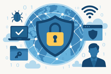 Aufkleber - Cybersecurity concept with shield and lock. Global network data protection and internet security services. Information technology banner. Vector illustration of privacy, antivirus and web safety.