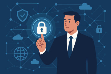 Aufkleber - Cybersecurity and network security system concept. Businessman touches a padlock icon to protect data on a digital interface. Data protection, privacy, and digital crime prevention.