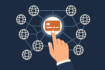  - Global payment network concept. Hand touching credit card icon for international transaction. Fintech, online banking and e-commerce vector illustration. Digital money transfer.