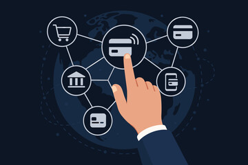 Aufkleber - Hand touching contactless payment icon in global finance network. Fintech concept for e-commerce, mobile banking, digital transaction. Online shopping technology vector illustration.