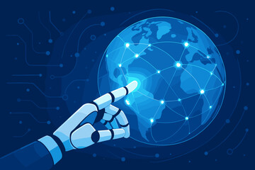  - Robot hand touching a futuristic global network on planet Earth. AI, artificial intelligence, IoT, innovation and technology concept. Digital communication and big data connection.