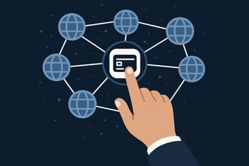  - Global payment network concept. Businessman hand touching credit card icon for international money transfer and online banking. Fintech and e-commerce vector illustration.
