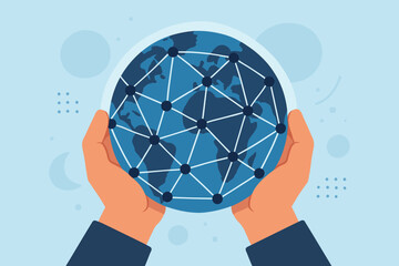  - Hands holding globe with abstract global network connection. Concept for international business, worldwide communication, data exchange, and internet technology. Modern flat vector illustration.