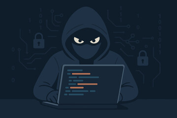 Aufkleber - Anonymous hacker in a hoodie working on a laptop computer. Cybercrime and cybersecurity concept. Internet crime, data theft, phishing, malware, network security breach. Vector illustration.