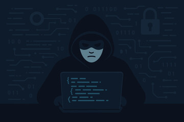 Aufkleber - Hacker in hoodie and mask at laptop. Cybercrime concept. Internet security threat. Computer programmer coding malware. Phishing, ransomware, data breach. Dark web anonymous criminal.