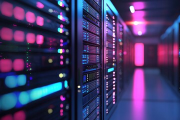 Poster - Futuristic server racks glowing with multicolored LED lights in a high-tech data center corridor. Ideal for cloud infrastructure, digital storage, and advanced network visuals