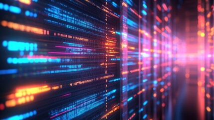 Poster - 3D rendering of digital code patterns glowing on futuristic server racks in a vibrant neon-lit corridor. Ideal for cybersecurity, data transmission, and network technology visuals
