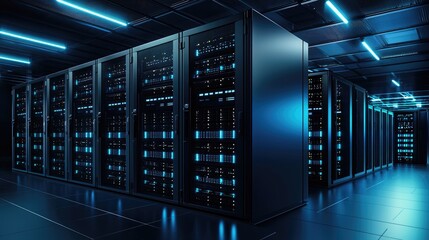 Poster - Modern data center interior with rows of black server racks and blue LED lighting in a high-security facility. Ideal for cloud storage, IT infrastructure, and data technology visuals