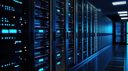 Poster - Dark modern data center with rows of illuminated black server racks and blue LED lights in a secure environment. Ideal for cloud storage, IT infrastructure, and tech network visuals