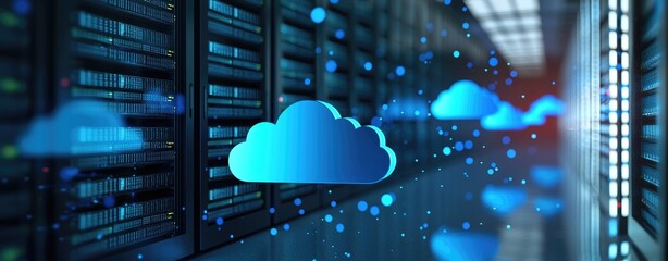 Poster - 3D rendering of glowing blue cloud icons in a futuristic data center corridor representing cloud computing, storage, and secure server infrastructure. Ideal for tech and IT visuals