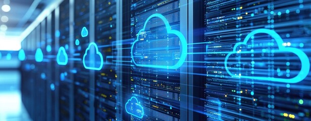 Poster - 3D cloud computing concept with glowing blue icons connecting data servers in a modern digital infrastructure. Ideal for cloud network, technology, or IT service visuals
