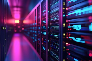 Poster - 3D rendering of modern data center corridor with glowing LED server racks and vibrant neon lighting. Ideal for tech, networking, cloud storage, and futuristic infrastructure visuals
