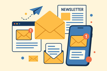 Poster - Email inbox notification concept. New email alert on smartphone, newsletter subscription, message reminder, web and mobile email interface, communication, digital marketing. Flat vector illustration