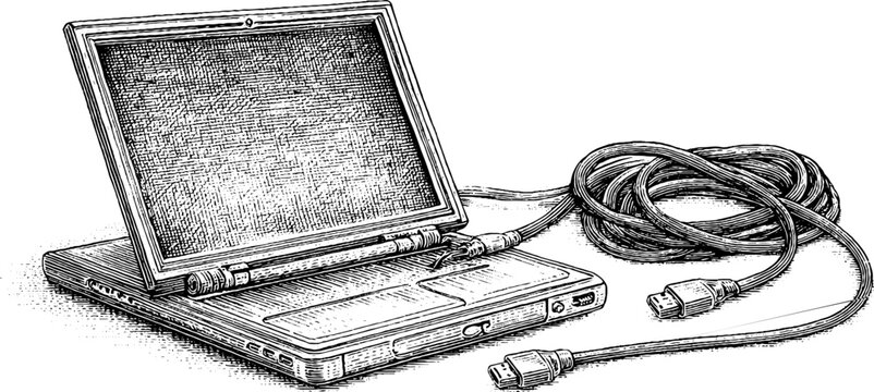 Vintage laptop with open hinge and tangled charging cable sketch for retro design