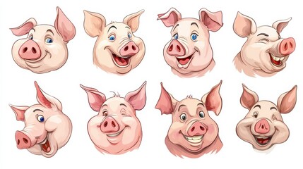 Poster - Pig Head Cartoon Characters 3. Vector Collection Set, no logos, no brands