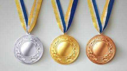 Poster - Olympic gold, silver and bronze award medals, winner honor prize vector set, no logos, no brands