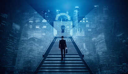 Poster - Cybersecurity protection system showing password encryption, fingerprint ID, cloud security, email, credit card, and database lock for secure data access Vouch
