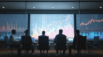 Poster - Businessmen sit in a meeting and analyze profits with graphs displayed on a screen in the office.