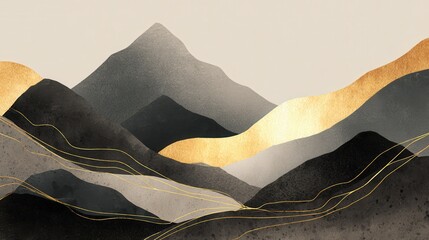 Poster - Mountain background vector. Minimal landscape art with watercolor brush and golden line art texture. Abstract art wallpaper for prints, Art Decoration, wall arts and canvas prints. , no logos, no bra