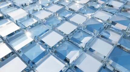 Poster - Abstract pattern of many light-blue square blocks on a white background. Detailed close-up view of the blocks, showing their facets and reflective surfaces