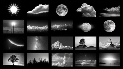Fototapete - Weather element renderings displaying diverse cloud formations and suns on a clean white background
