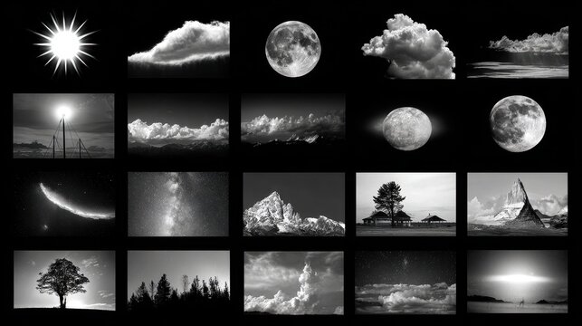 Weather element renderings displaying diverse cloud formations and suns on a clean white background