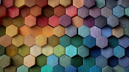 Poster - Colorful textured hexagon tiles create an abstract gradient pattern