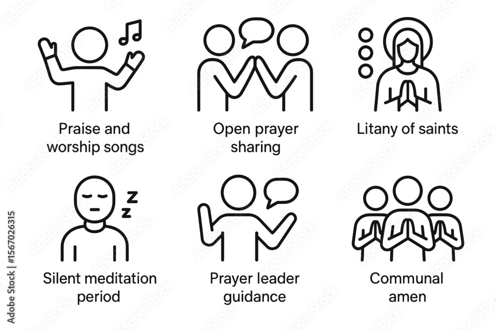 Icons for worship activities: prayer, meditation, praise, communal amen ...