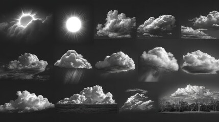 Fototapete - Weather element renderings displaying diverse cloud formations and suns on a clean white background
