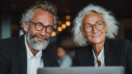 Poster - Two employees smiling while collaborating on a project at a laptop during the workday at the office